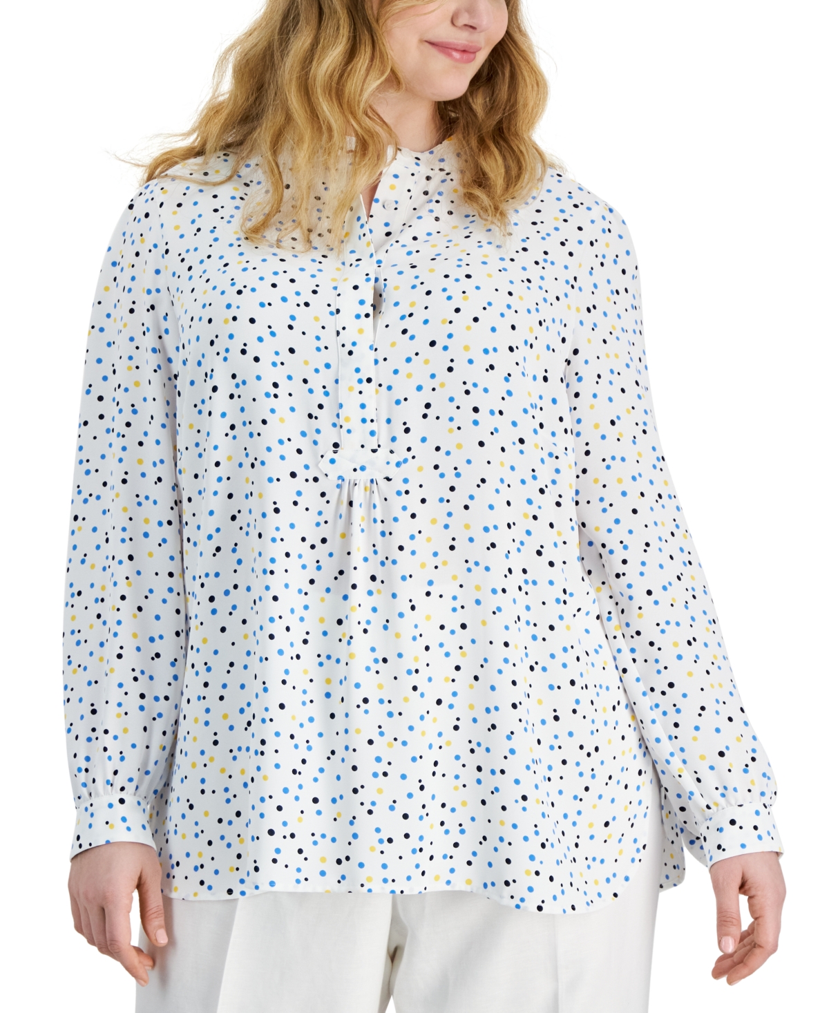 Anne Klein Plus Size Dotted Long-sleeve Popover Tunic In Bright White,shore Blue