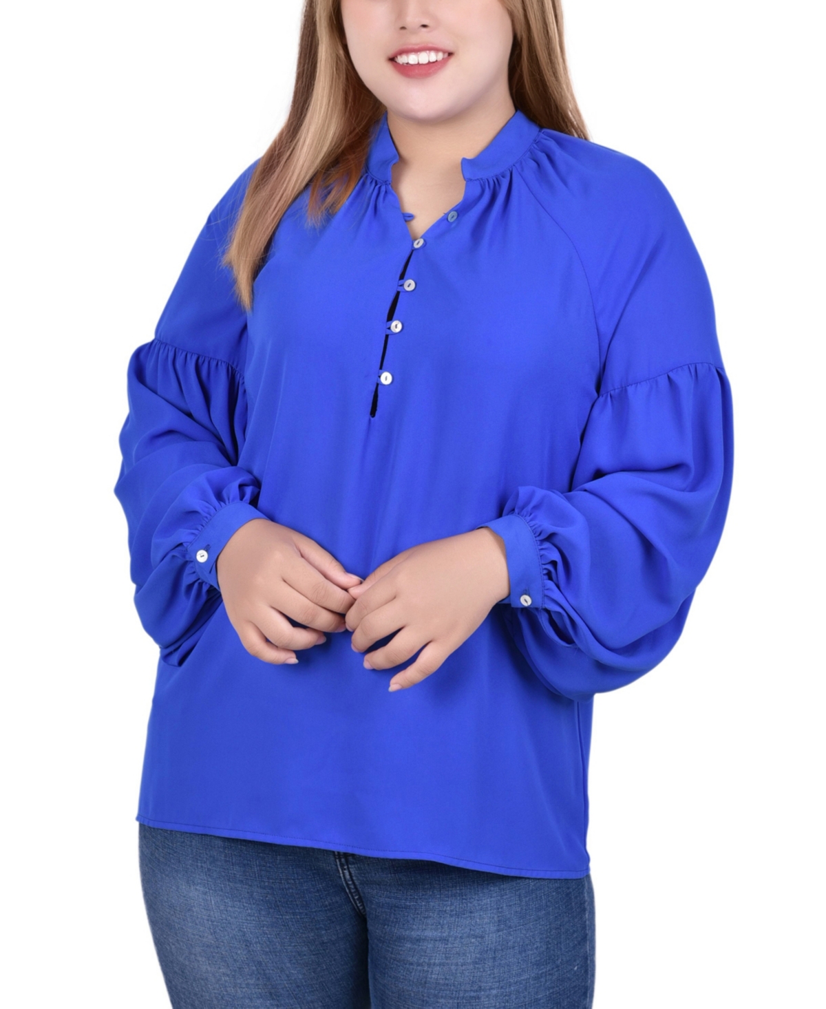 Shop Ny Collection Plus Size Long Raglan-sleeve Blouse In Surf The Web