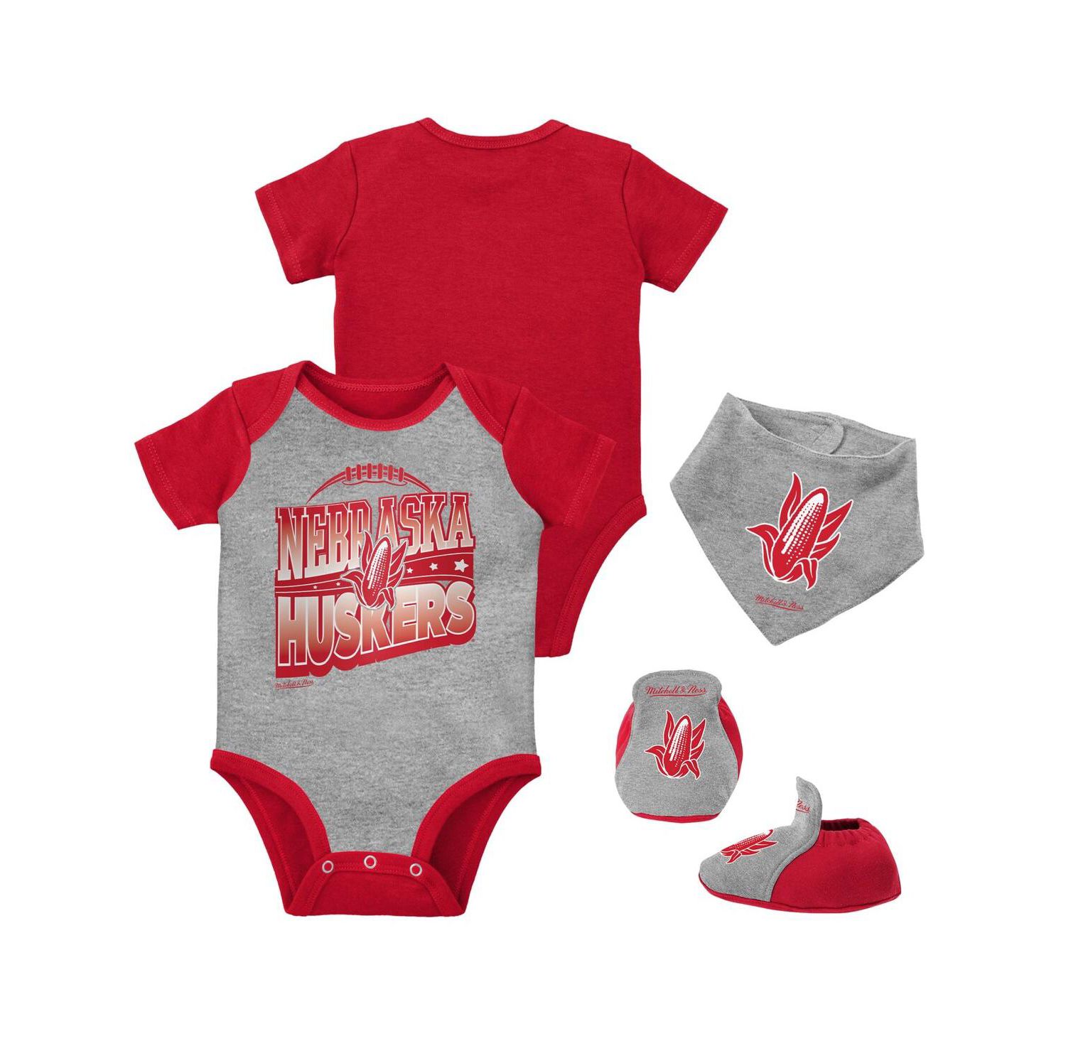 Baby Boys and Girls Scarlet, Heather Gray Nebraska Huskers 3-Pack Bodysuit, Bib and Bootie Set