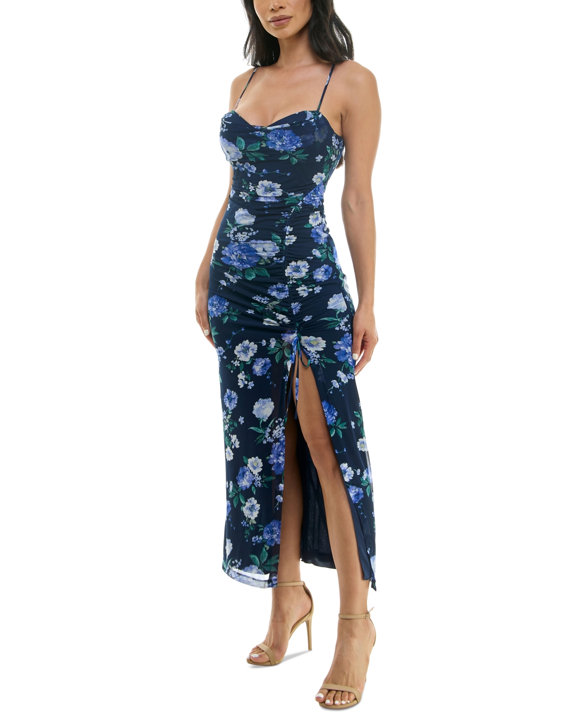 Shop Speechless Women's Mesh Floral Cowlneck Split Midi Dress In Navy Blue
