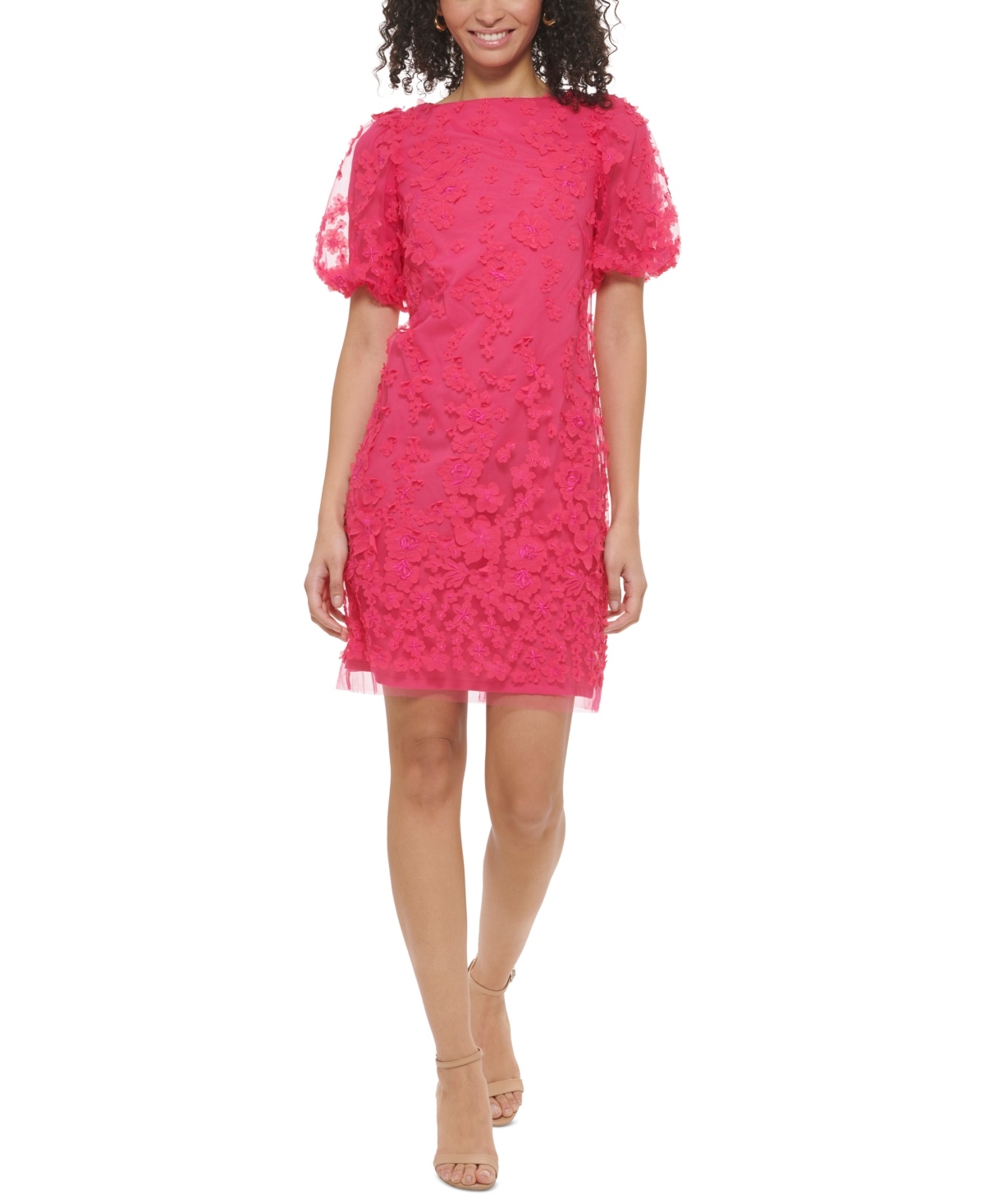 Women's 3D Floral-Appliqued Puff-Sleeve Dress - Hot Pink