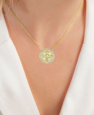 Cubic Zirconia Pav&eacute; Compass Disc Pendant Necklace in 14k Gold-Plated Sterling Silver, 16" + 2" extender