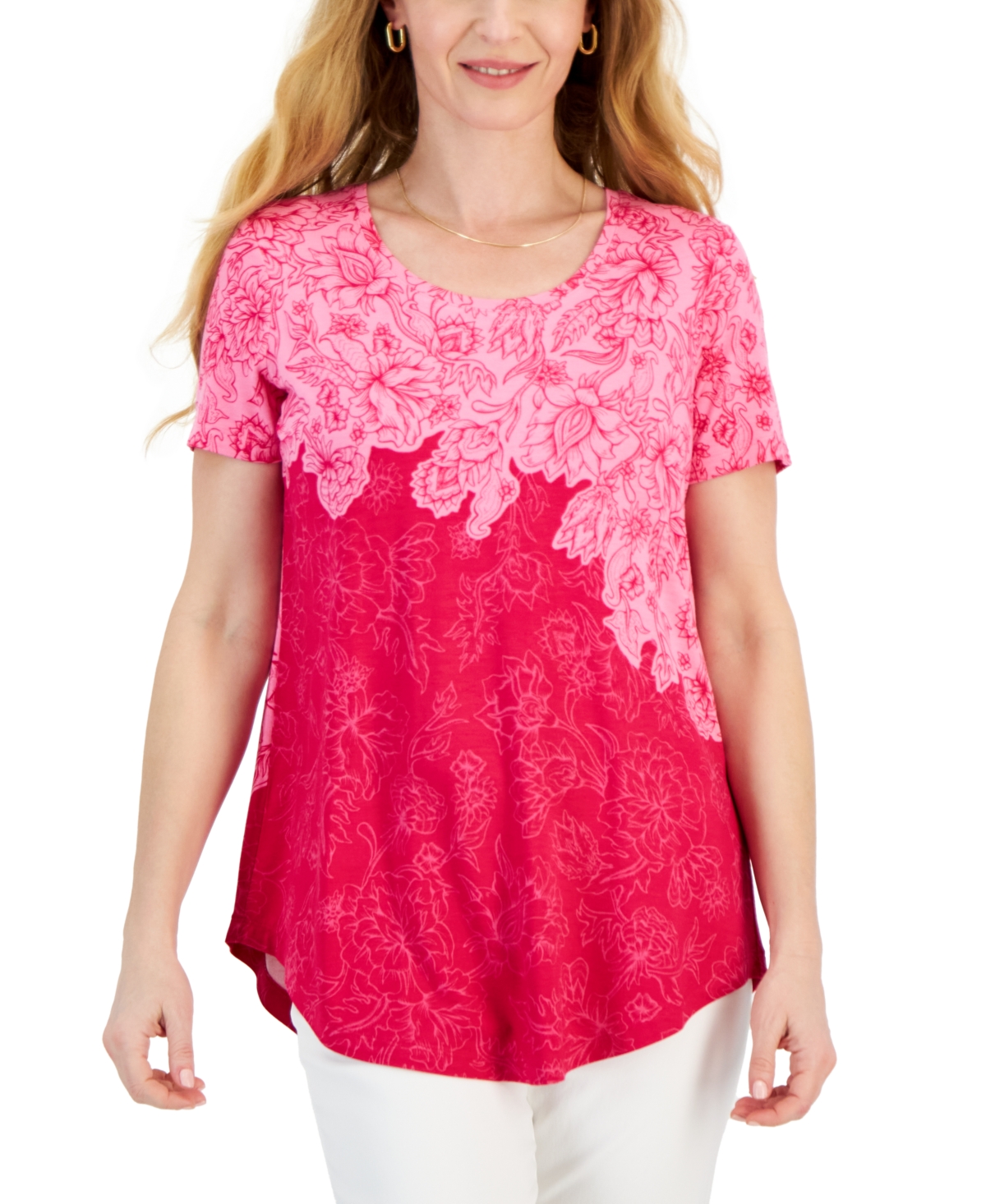 Jm Collection Women's Printed Scoop-neck Short-sleeve Top, Created For Macy's In Claret Rose Combo