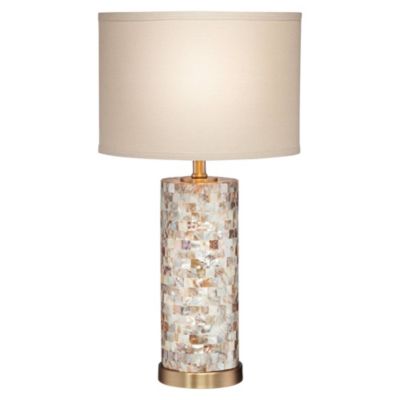 Margaret Coastal Accent Table Lamp 23" High Mother of Pearl Tile Cylinder Cream Linen Drum Shade for Bedroom Living Room Bedside Office