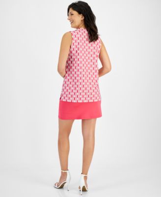 Shop Anne Klein Womens Sleeveless Split Neck Geometric Print Tunic Top Pull On Slit Hem Mini Skort In Rich Camellia