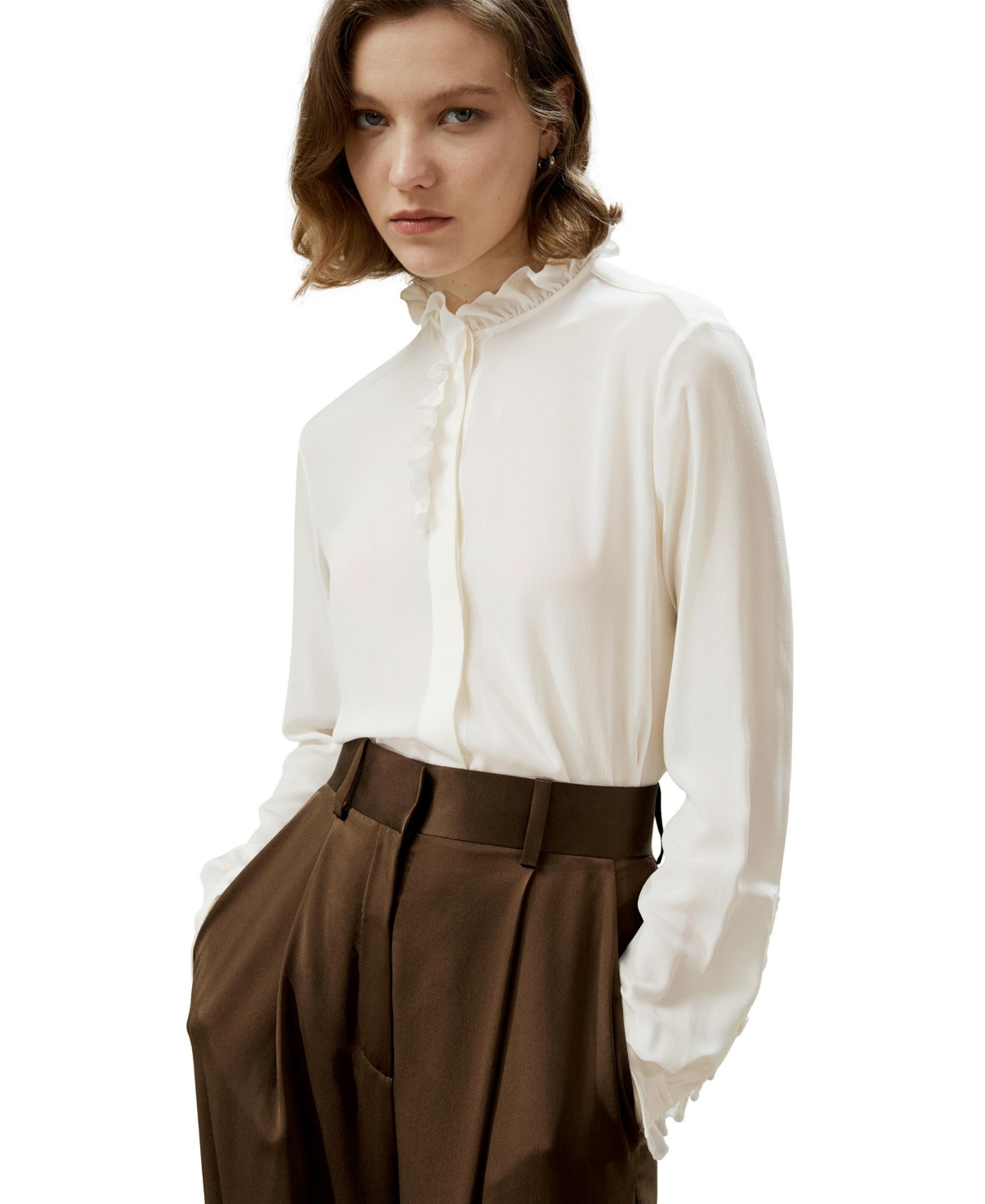 Crepe de Chine Silk Blouse with Ruffle Edge for Women - Natural white