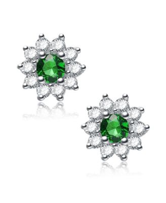 Sterling Silver White Gold Plated With Round Green and Flower Petals Earrings
