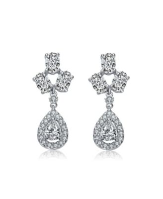 Sterling Silver with White Gold Plated Clear Pear with Oval and Round Cubic Zirconia Accent Drop Earrings