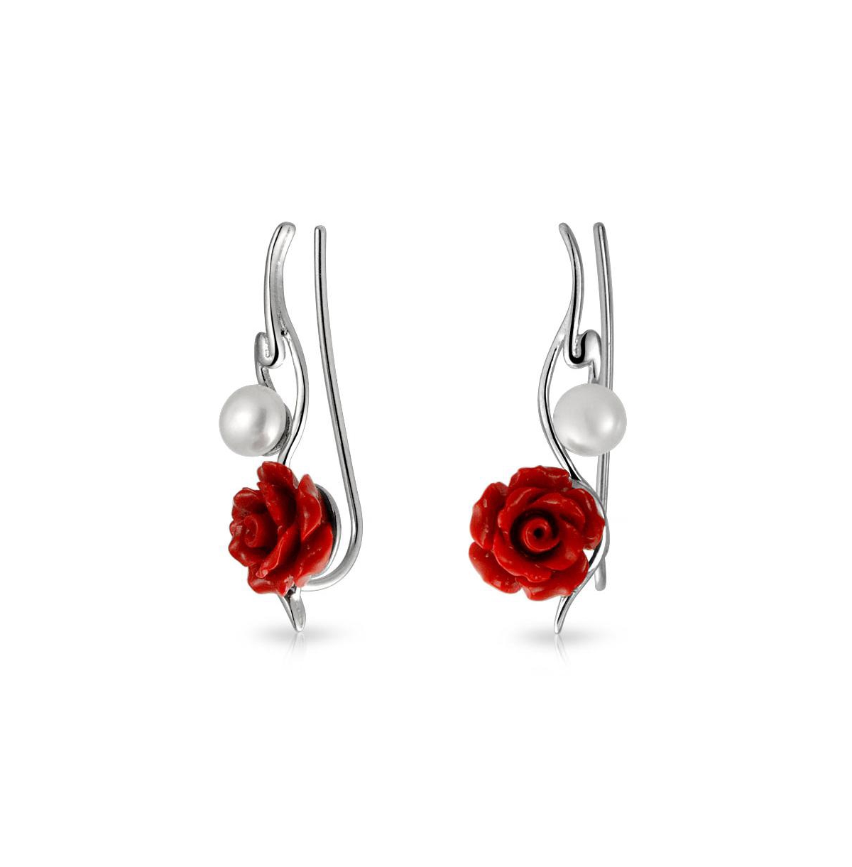 Trendy 3D Red Rose Flower White Freshwater Cultured Pearl Wire Ear Pin Climbers Crawlers Earrings For Women .925 Sterling Silver - Red