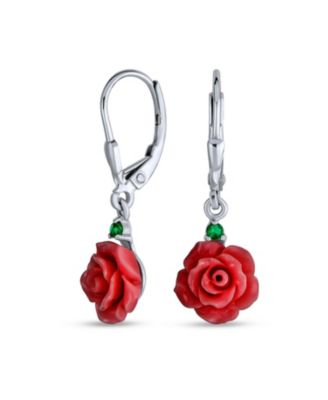 Bling Jewelry Delicate Floral Blooming 3D Red Rose Flower Green Cz Accent Lever back Dangle Earrings Sterling Silver - Red 41$