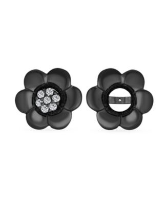 2 In 1 Removable Jackets Simple Danity Pave CZ Stud Center with Petal Flower Jacket Rose Stud Earrings Black Plated Sterling Silver