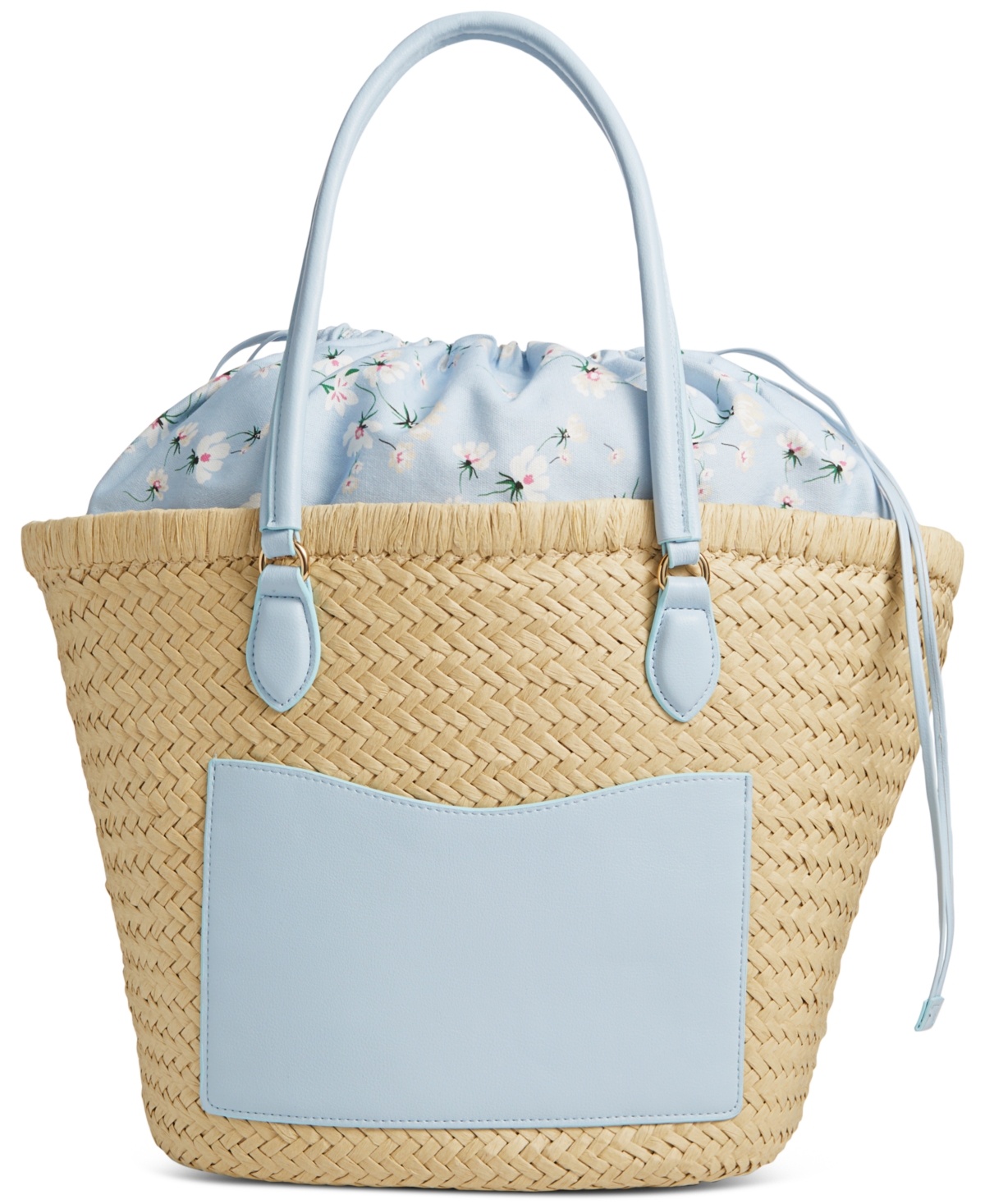 On 34th Isabellaa Straw Medium Drawstring Tote, Created For Macy's In Straw,blue Flr
