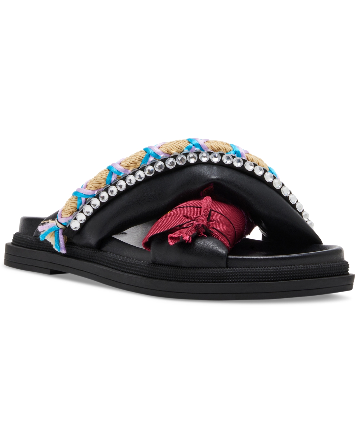 Shop Steve Madden Women's Leisure Scarf Embellished Footbed Sandals In Black Multi