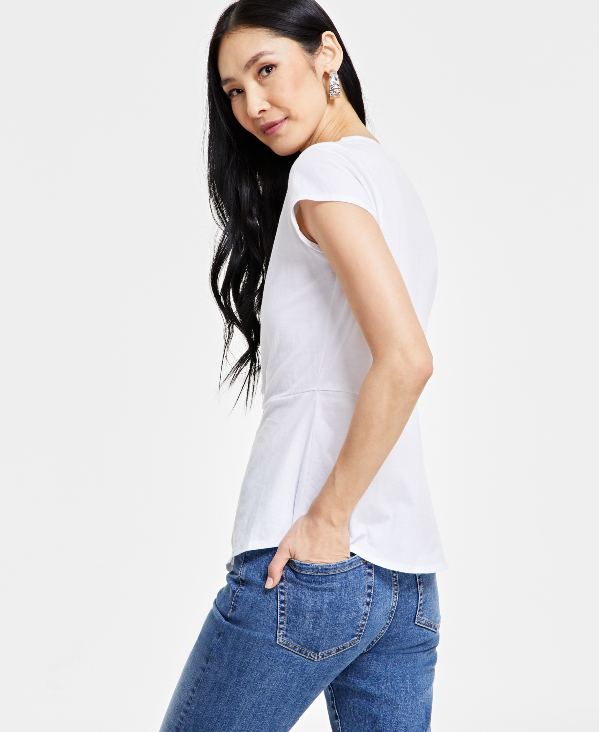 Shop Inc International Concepts Women's Embellished-waist Cotton T-shirt, Created For Macy's In Bright White