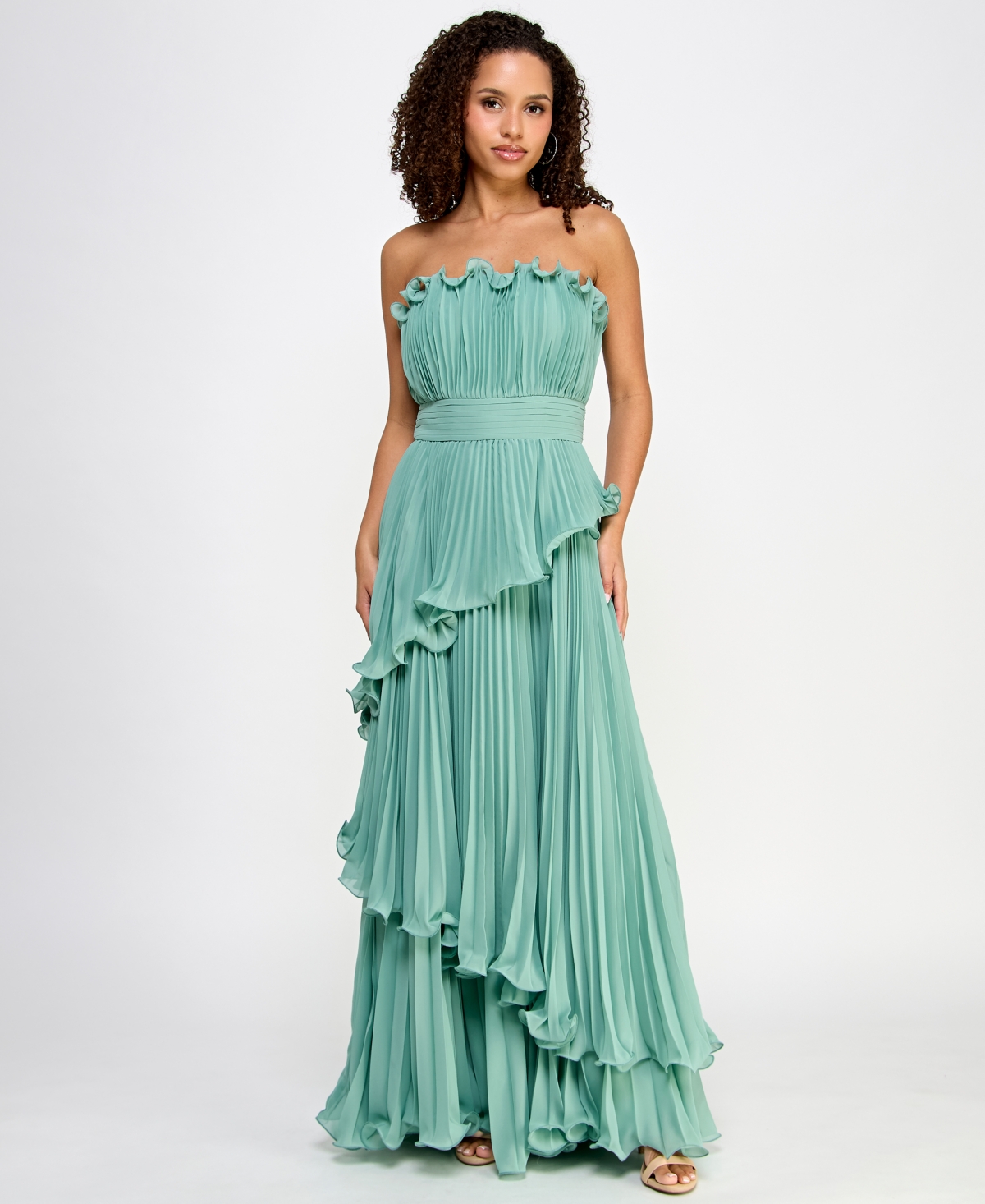 Juniors' Strapless Ruffled Tiered Pleated Gown - Green