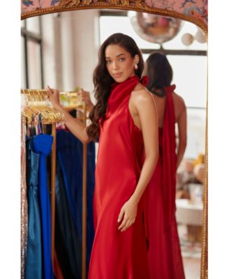 Betsy & Adam Vestido Largo Trenzado Halter Con Lazo En La Espalda Para Mujer, Jade