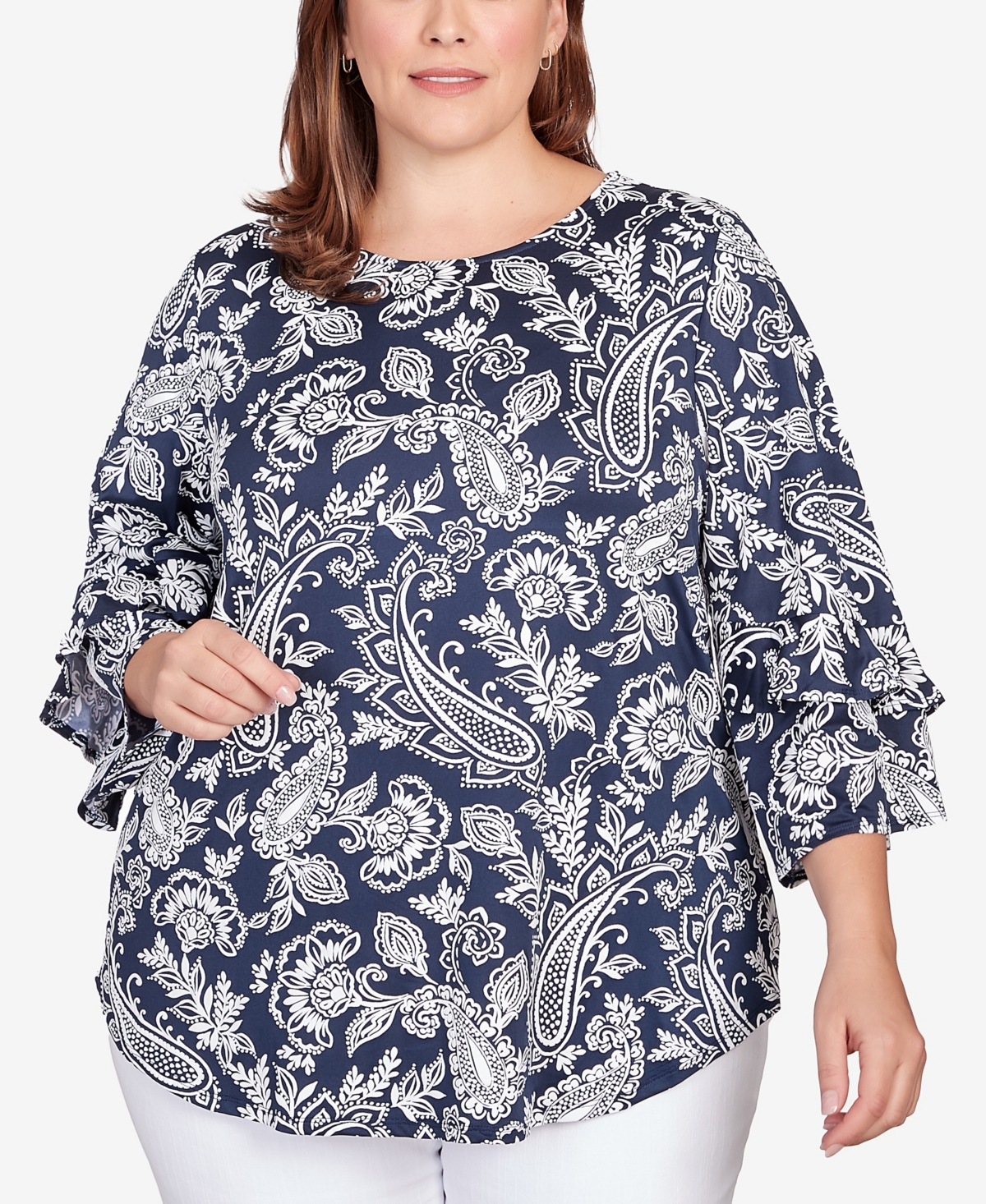 Ruby Rd. Plus Size Paisley Puff Print Monotone Top In Navy Multi