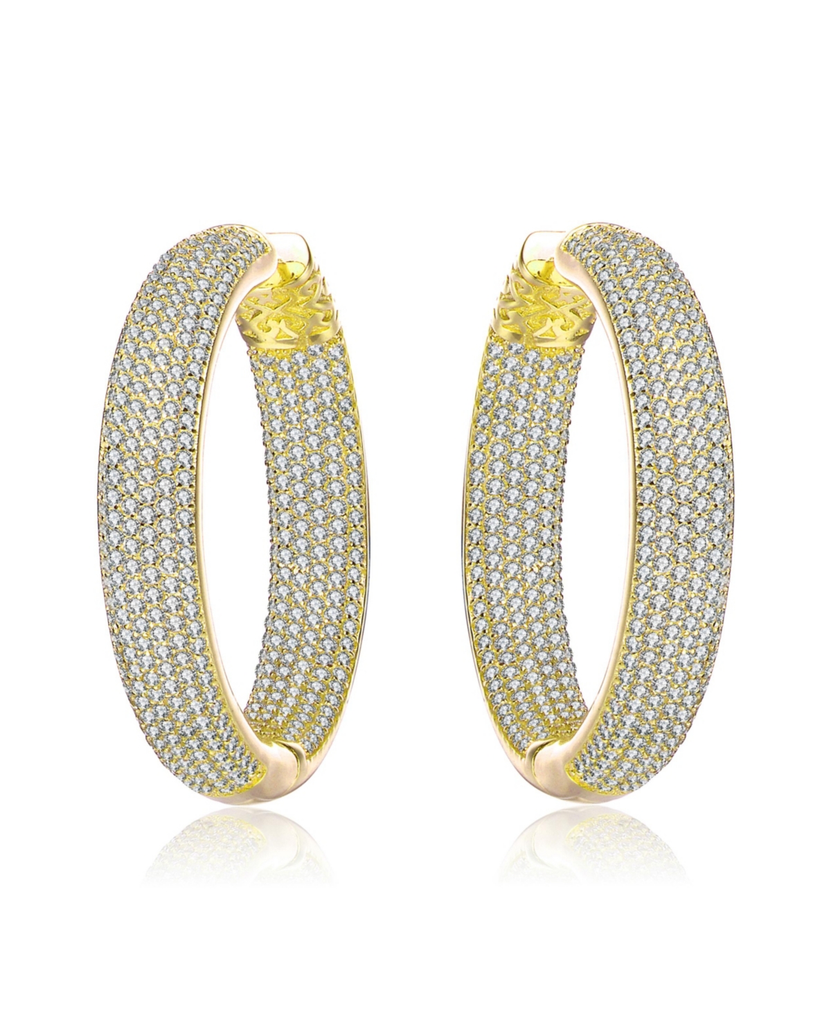 Sterling Silver with Cubic Zirconia 10-Row French Pave Inside Out Large Tubular Hoop Earrings