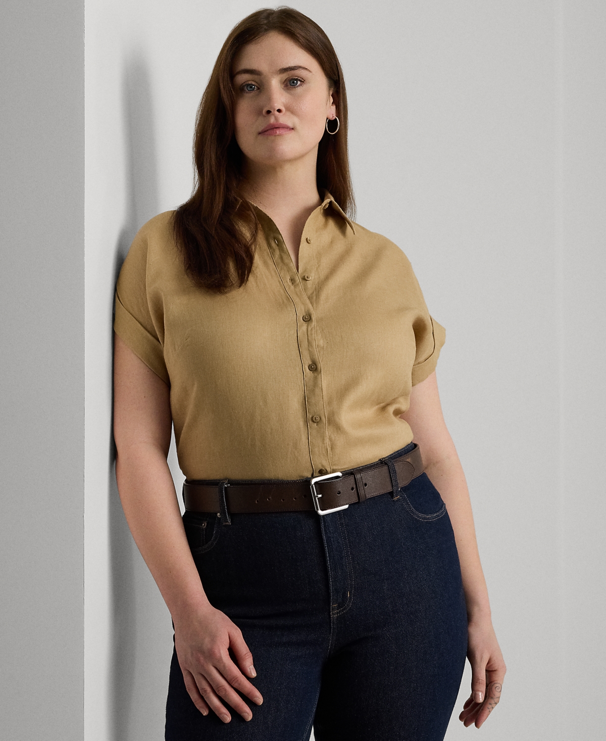 Lauren Ralph Lauren Plus Size Linen Dolman-sleeve Shirt In Birch Tan
