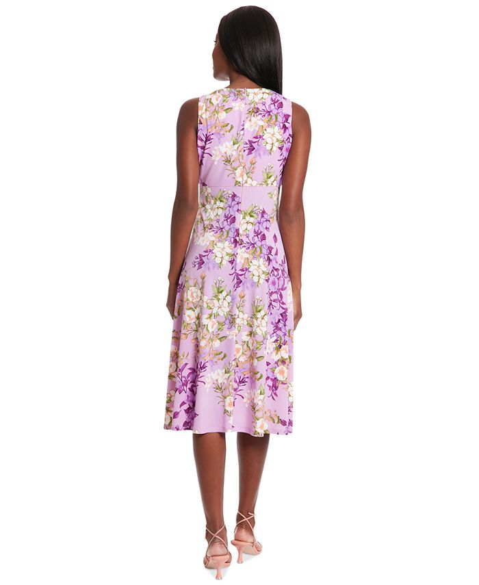 Black Keyhole Collar Floral Pleated Satin Midi Dress
