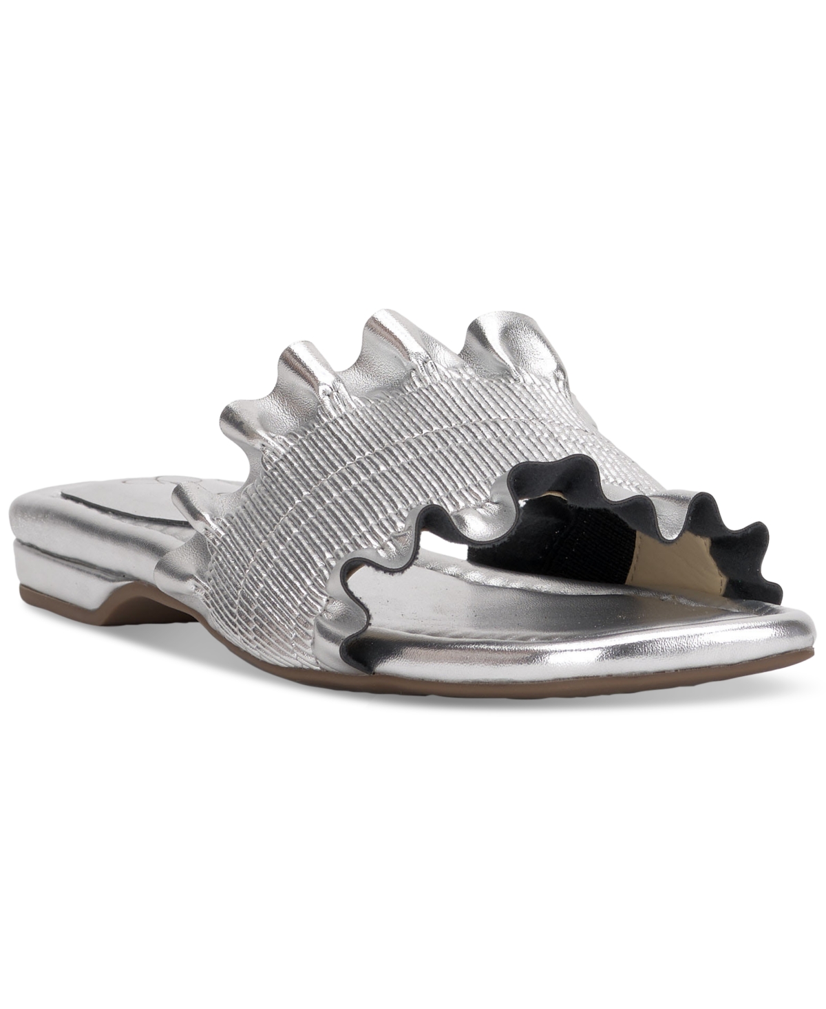 Camessa Square Toe Ruffle Slide Sandals - Silver Faux Leather