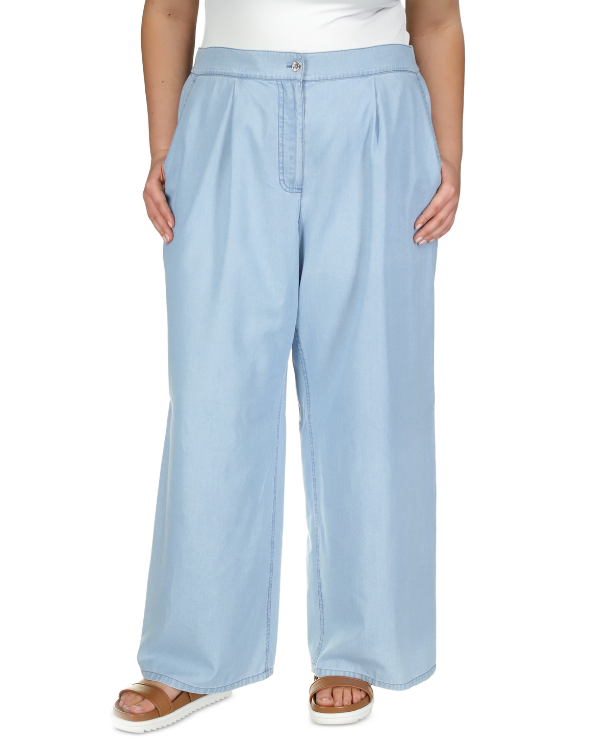 Shop Michael Kors Plus Size Chambray Wide-leg Pants In Sky Blue Wash