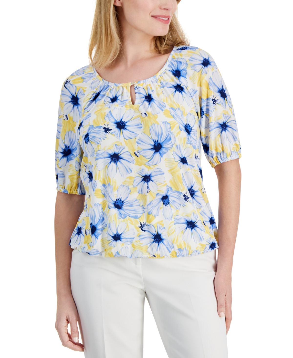 Shop Ak Anne Klein Petite Floral Print Scoop-neck Elbow-sleeve Top In Shore Blue,yellow Multi