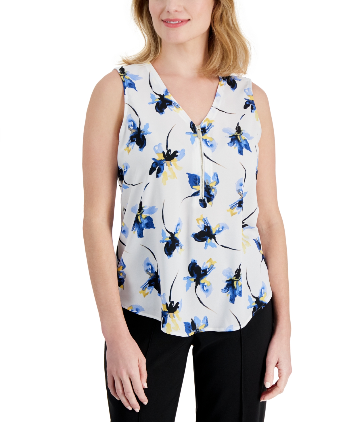 Shop Ak Anne Klein Petite Printed Zip Front V-neck Sleeveless Top In Bright White,shore Blue