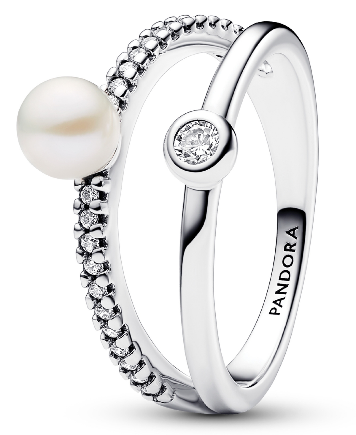 Sterling Silver Timeless Treated Freshwater Cultured Pearl Pave Double Band Ring - Silver