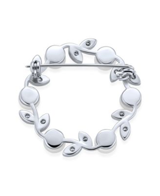 Elegant Classic White 7MM Freshwater Cultured Pearl Circle Leaf Scarf Brooch Pin Sterling Silver