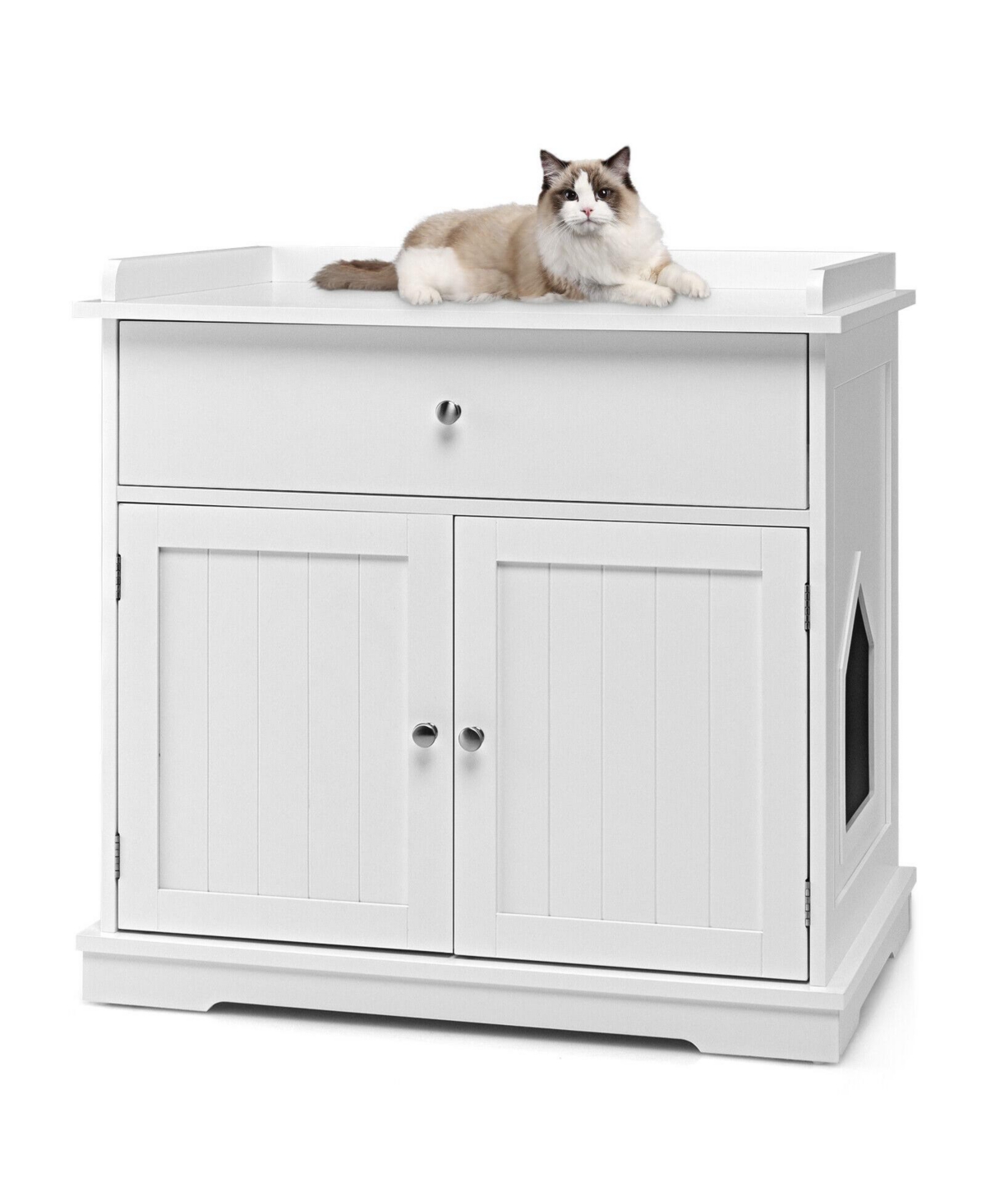 Wooden Cat Litter Box Enclosure with Drawer Side Table Furniture - White