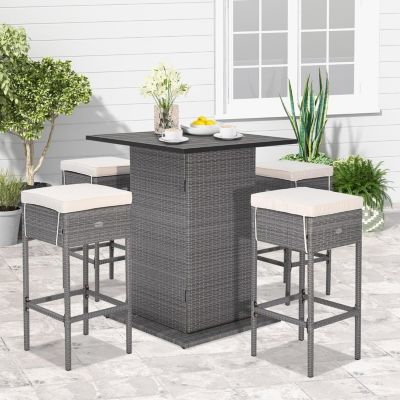 5 Pieces Outdoor Wicker Bar Table Set with Hidden Storage Shelves