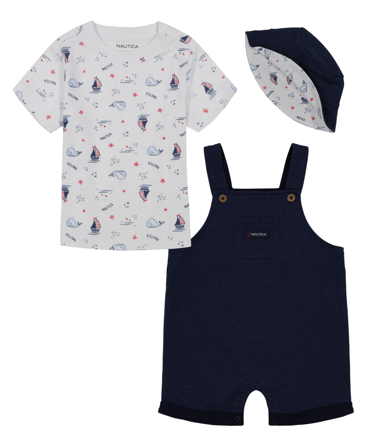 Nautica Baby Boys Short Sleeve Print T-shirt, Patterned French Terry Shortalls And Bucket Hat, 3-pc Set In Navy