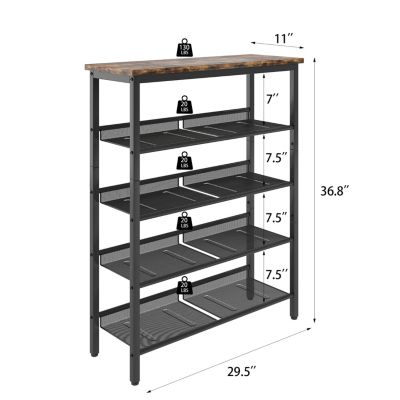 Adjustable 5-Layer Industrial Shoe Rack with Mesh Shelves