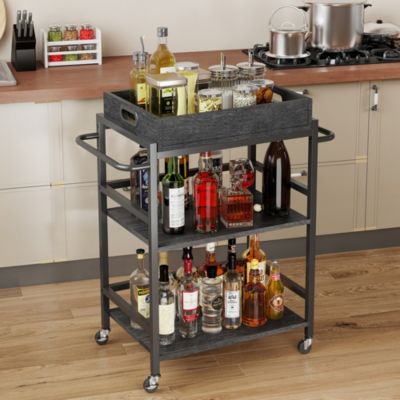 3-Tier Rolling Bar Cart with Removable Serving Tray, Metal Frame, and Lockable Wheels for Kitchen, Dining, or Living Room