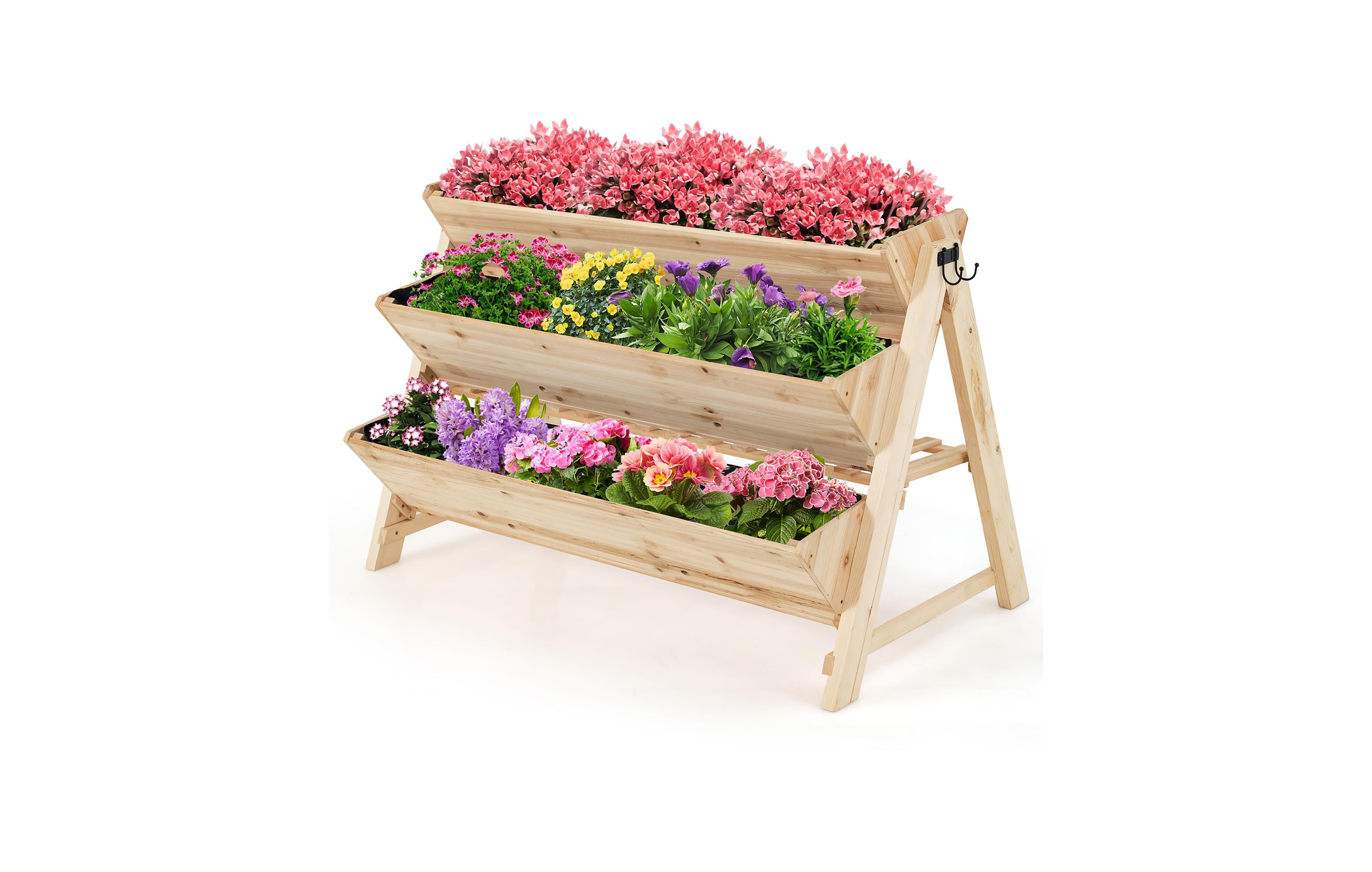 3 Tier Wooden Vertical Raised Garden Bed with Storage Shelf