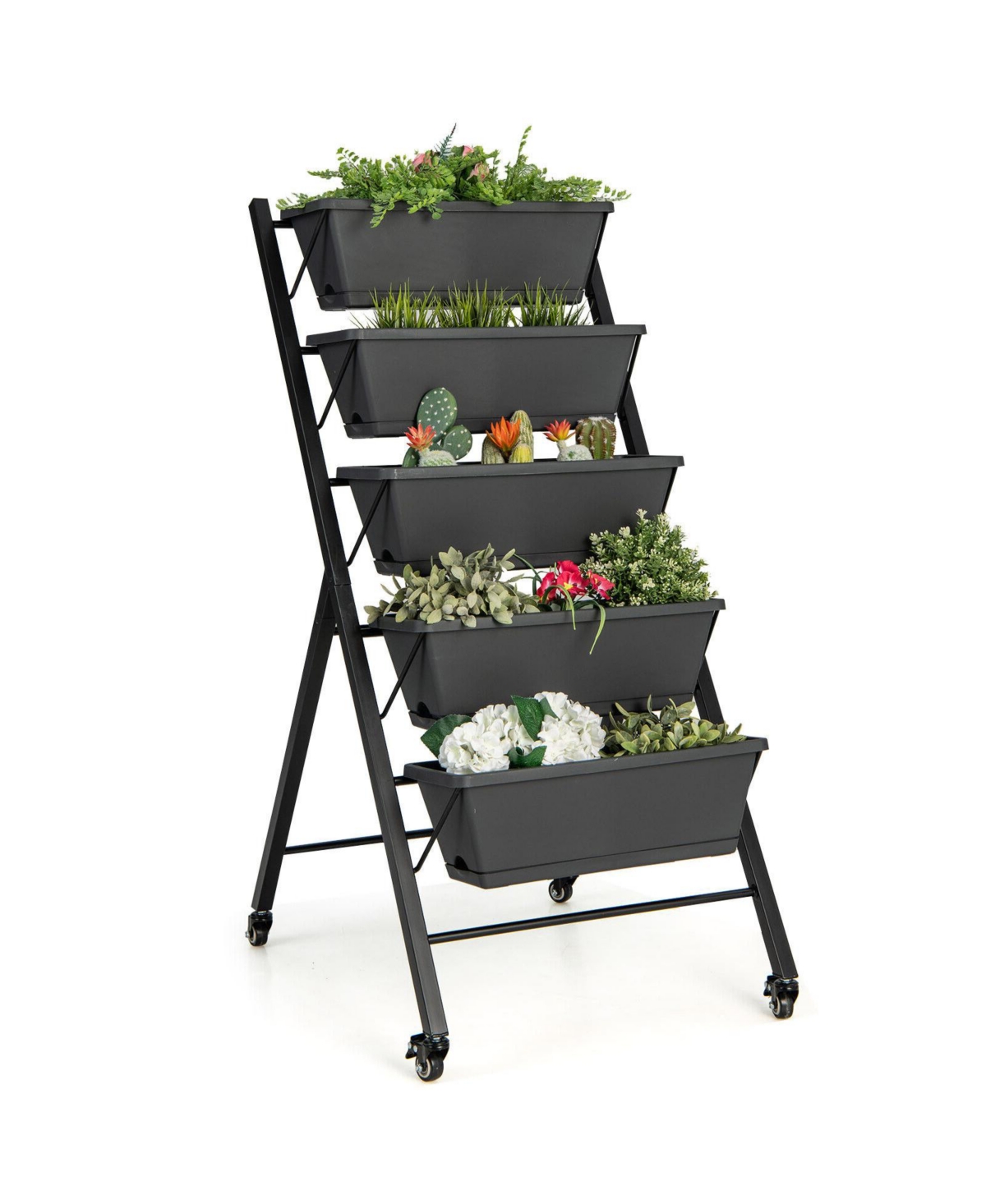 5-Tier Vertical Raised Garden Bed with Wheels and Container Boxes - Black