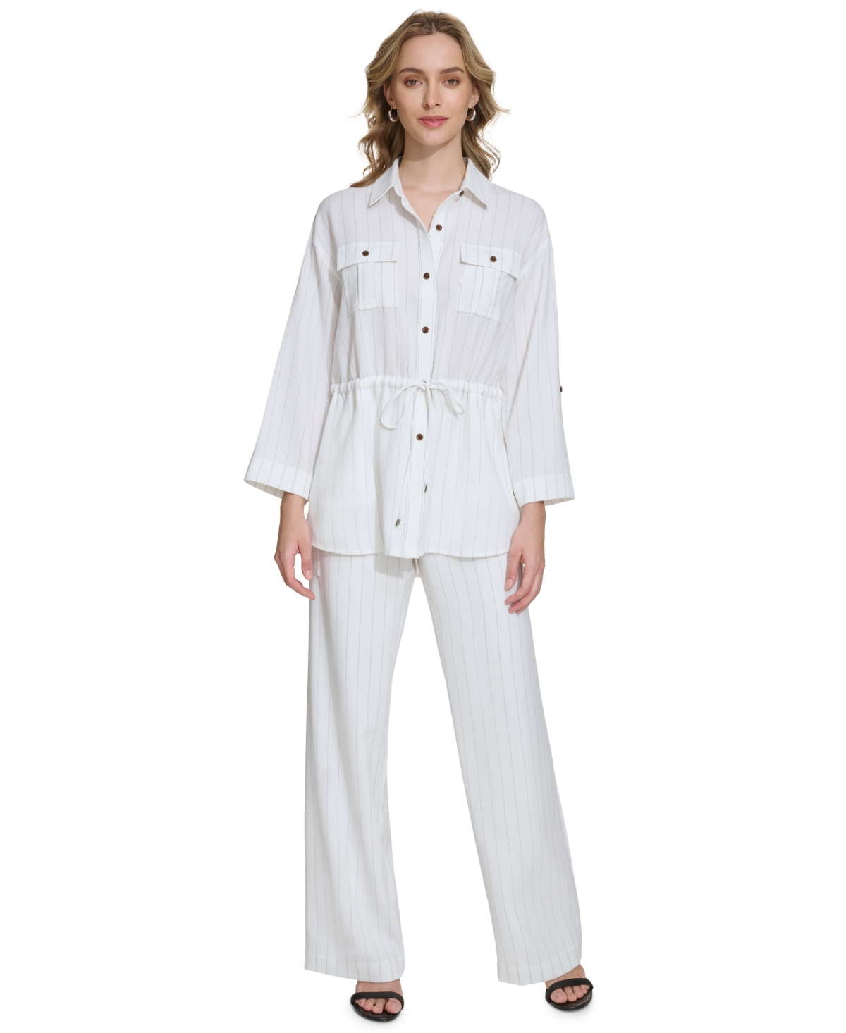 Shop Calvin Klein Women's Striped Drawstring-waist Tunic In Soft White,black