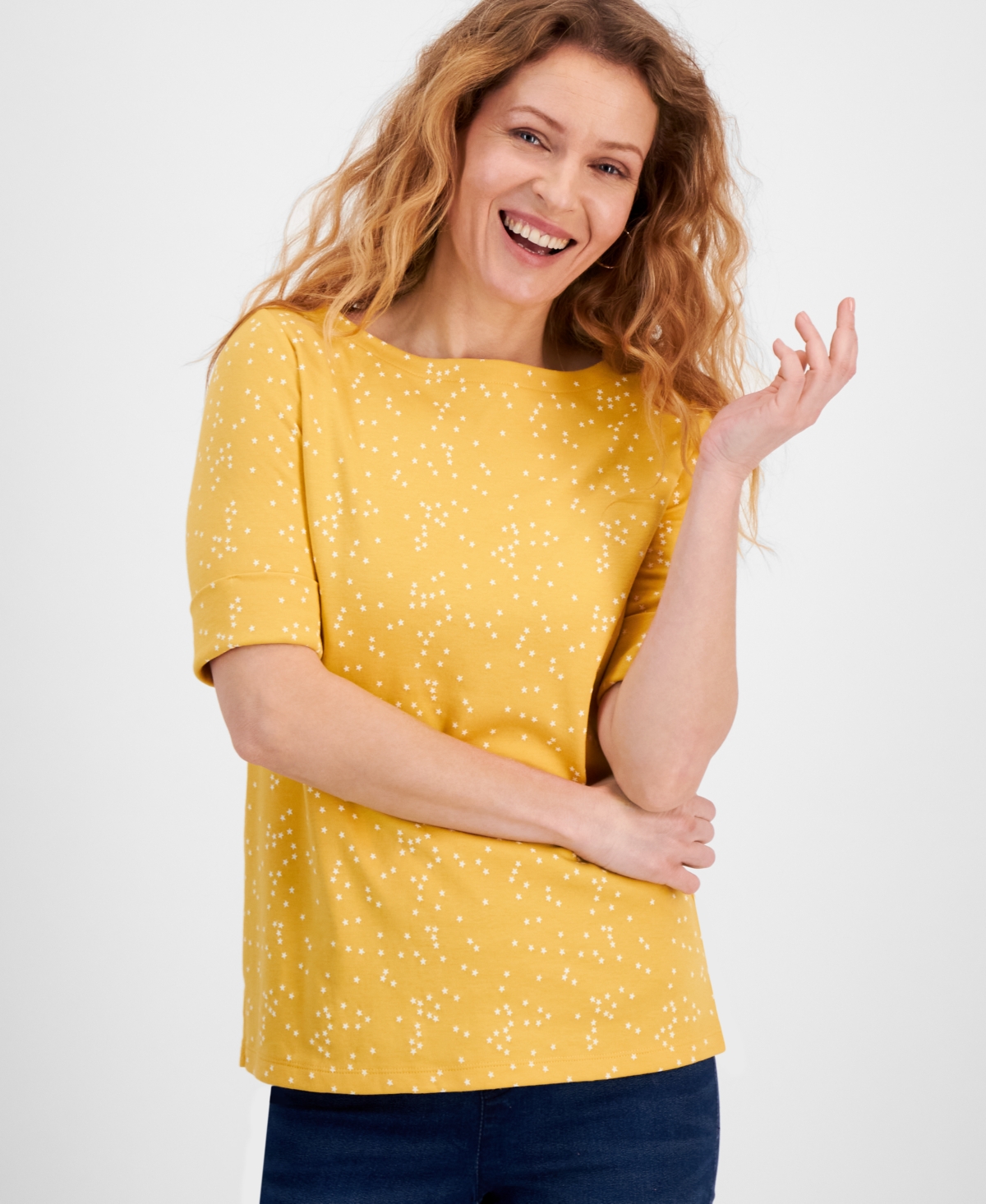 Shop Style & Co Women's Printed Boat-neck Elbow-sleeve Top, Regular & Petite, Created For Macy's In Mini Star Yellow