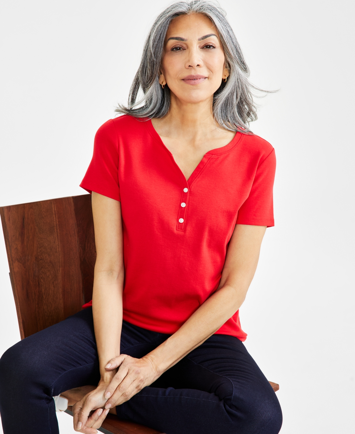 Women's Cotton Short-Sleeve Henley Top, Created for Macy's - Gumball Red