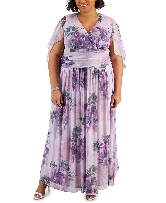 SL Fashions Plus Size Printed Glitter Cape-Overlay Dress - Macy's