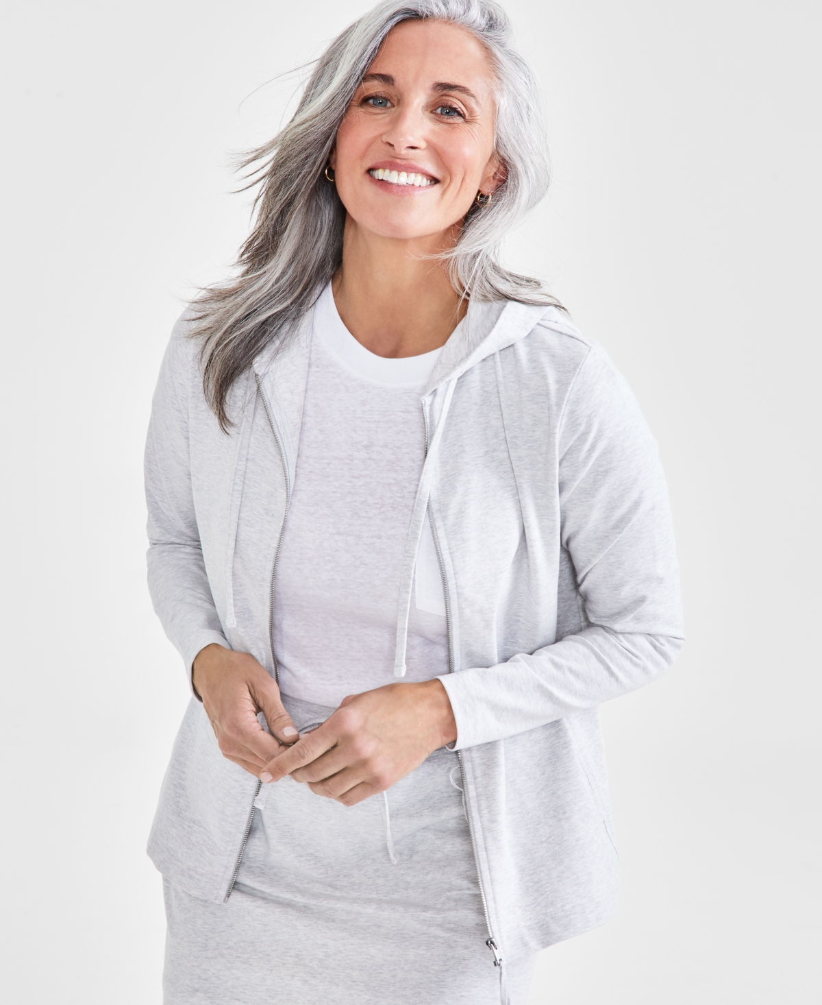 Style & Co Petite Zip-front Long-sleeve Hoodie, Created For Macy's In Silver Heather