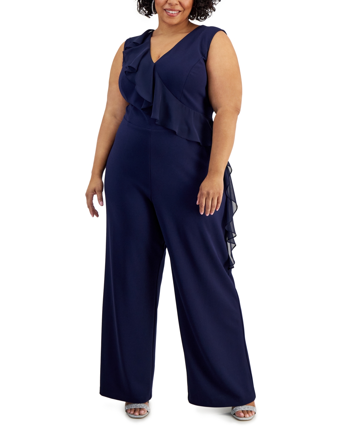 Connected Plus Size V-neck Sleeveless Ruffle-trim Jumpsuit In Navy