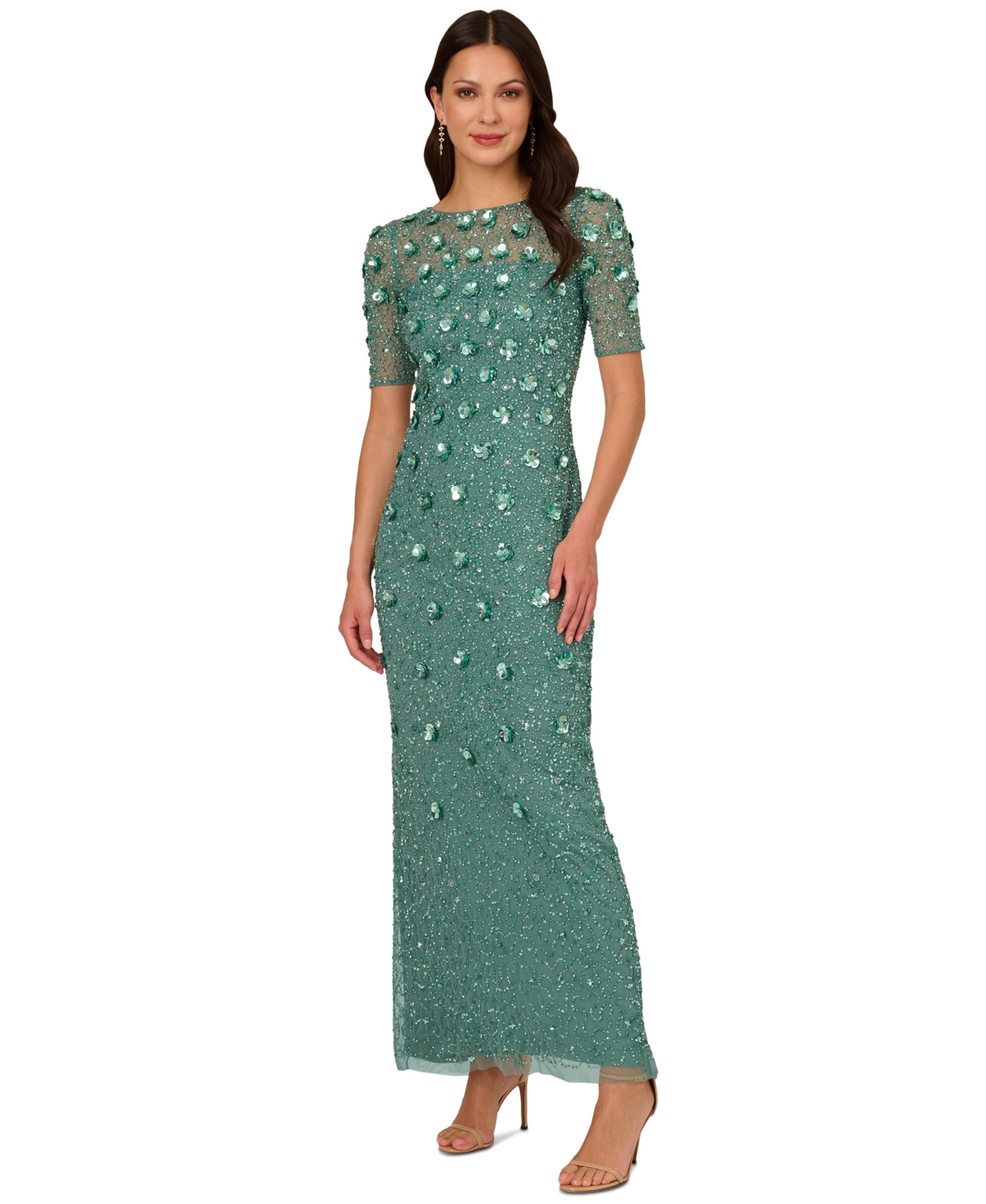Adrianna Papell Embellished Floral Sheath Dress In Greenslate