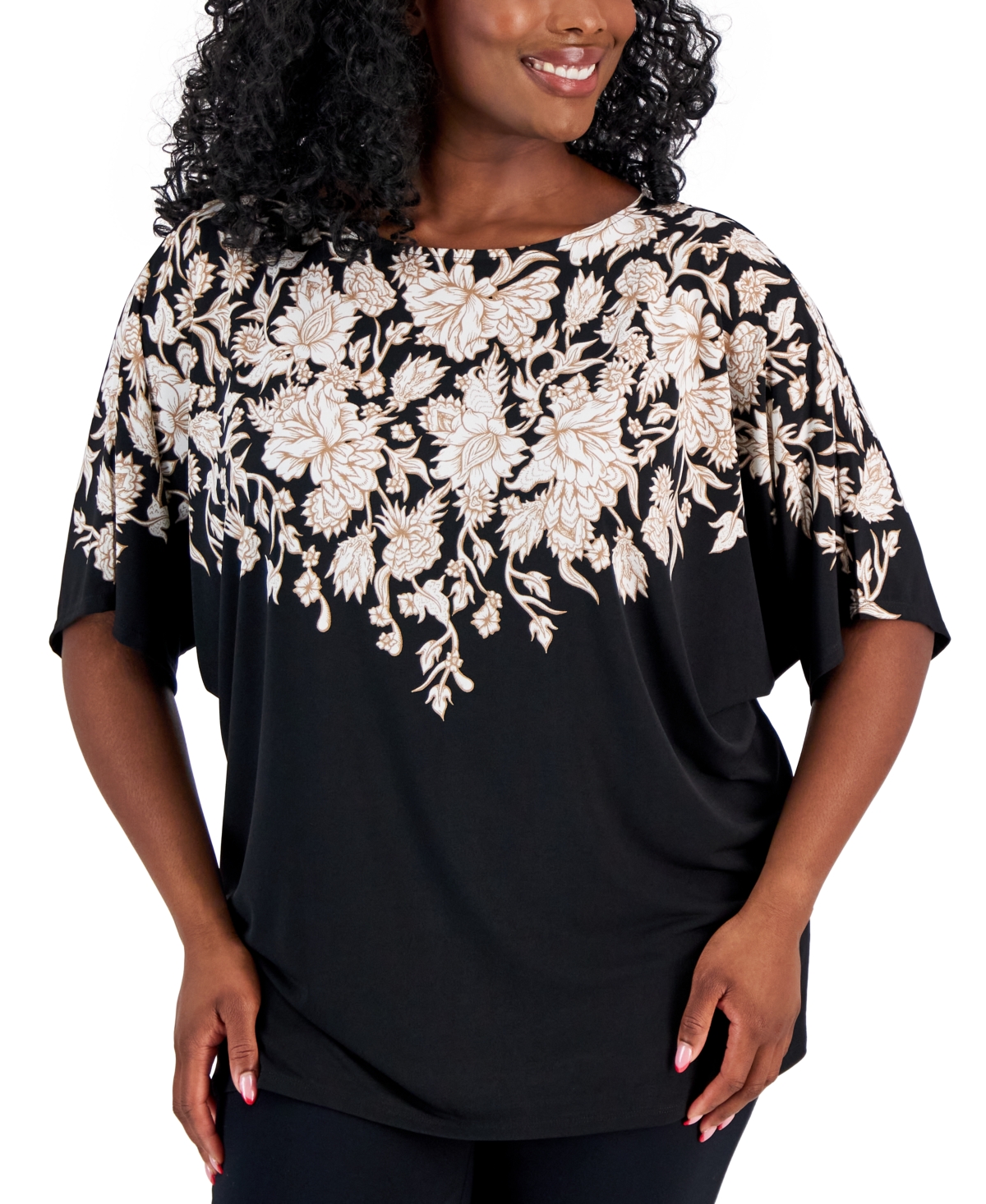 Jm Collection Plus Size Printed Dolman-sleeve Top, Created For Macy's In Deep Black Combo