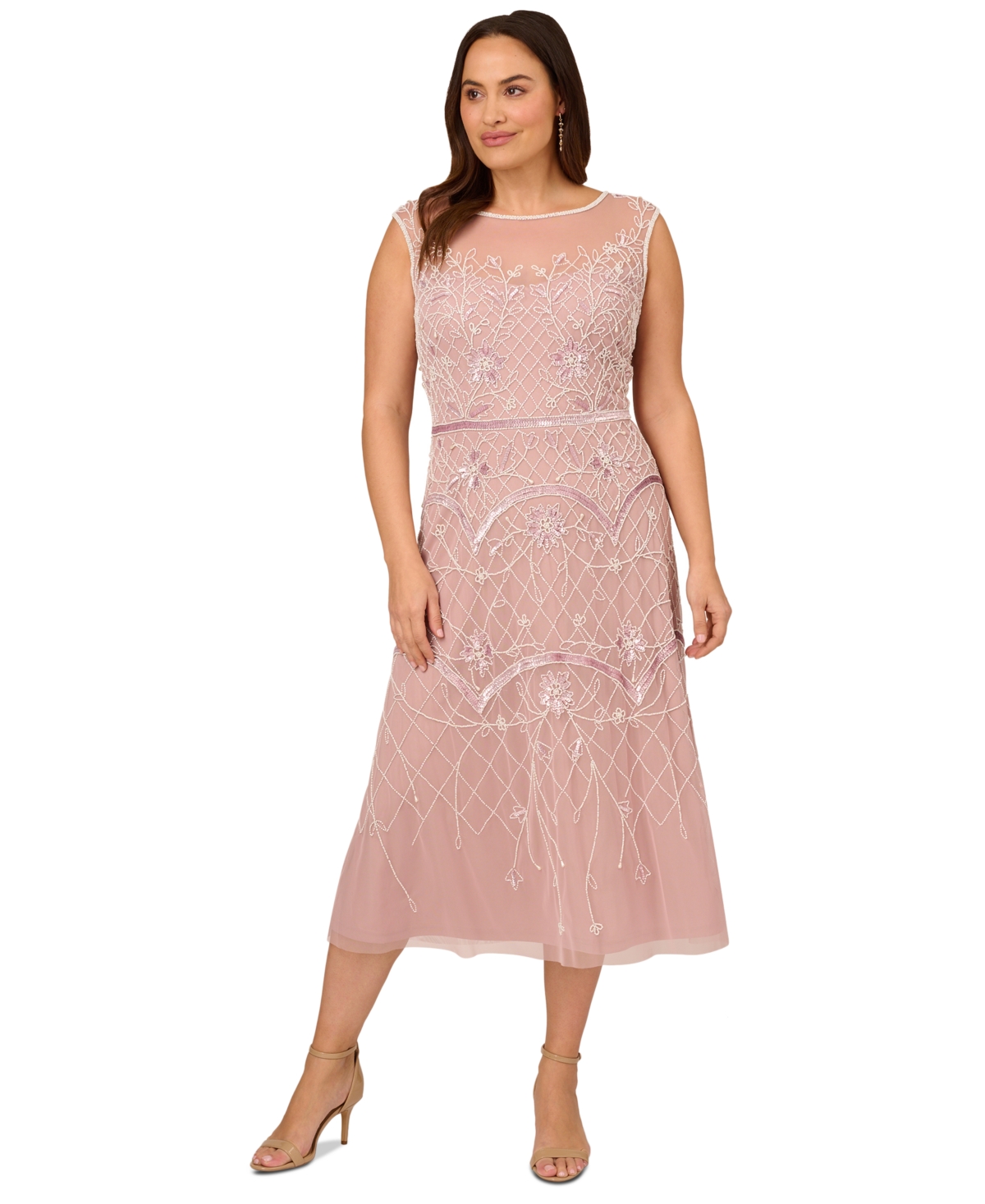 Shop Adrianna Papell Plus Size Boat-neck Cap-sleeve Beaded Dress In Dusted Petal,ivory