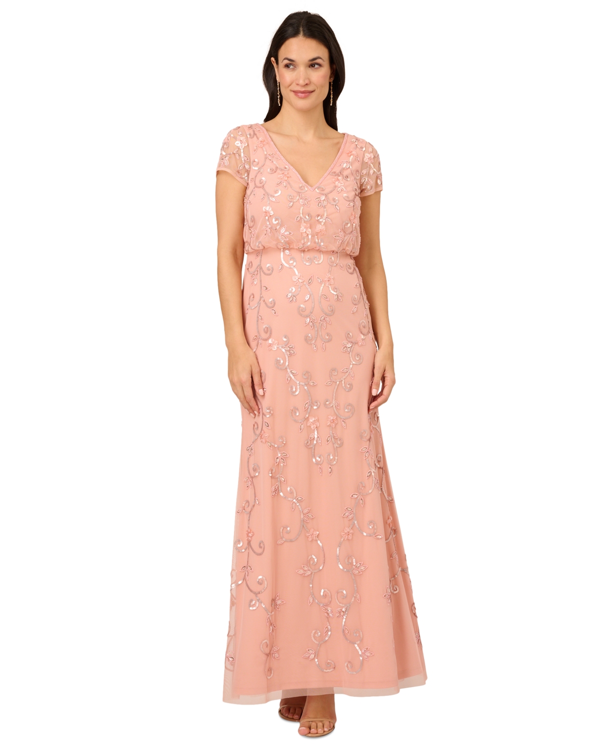 Shop Adrianna Papell Women's V-neck Beaded Short-sleeve Gown In Coral