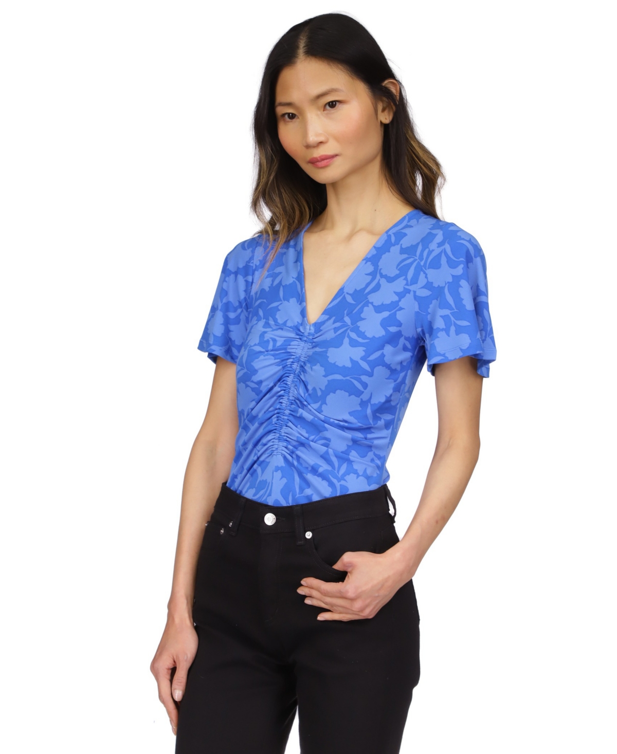 Shop Michael Kors Michael  Women's Printed Ruched Flutter-sleeve Top In Grecian Blue