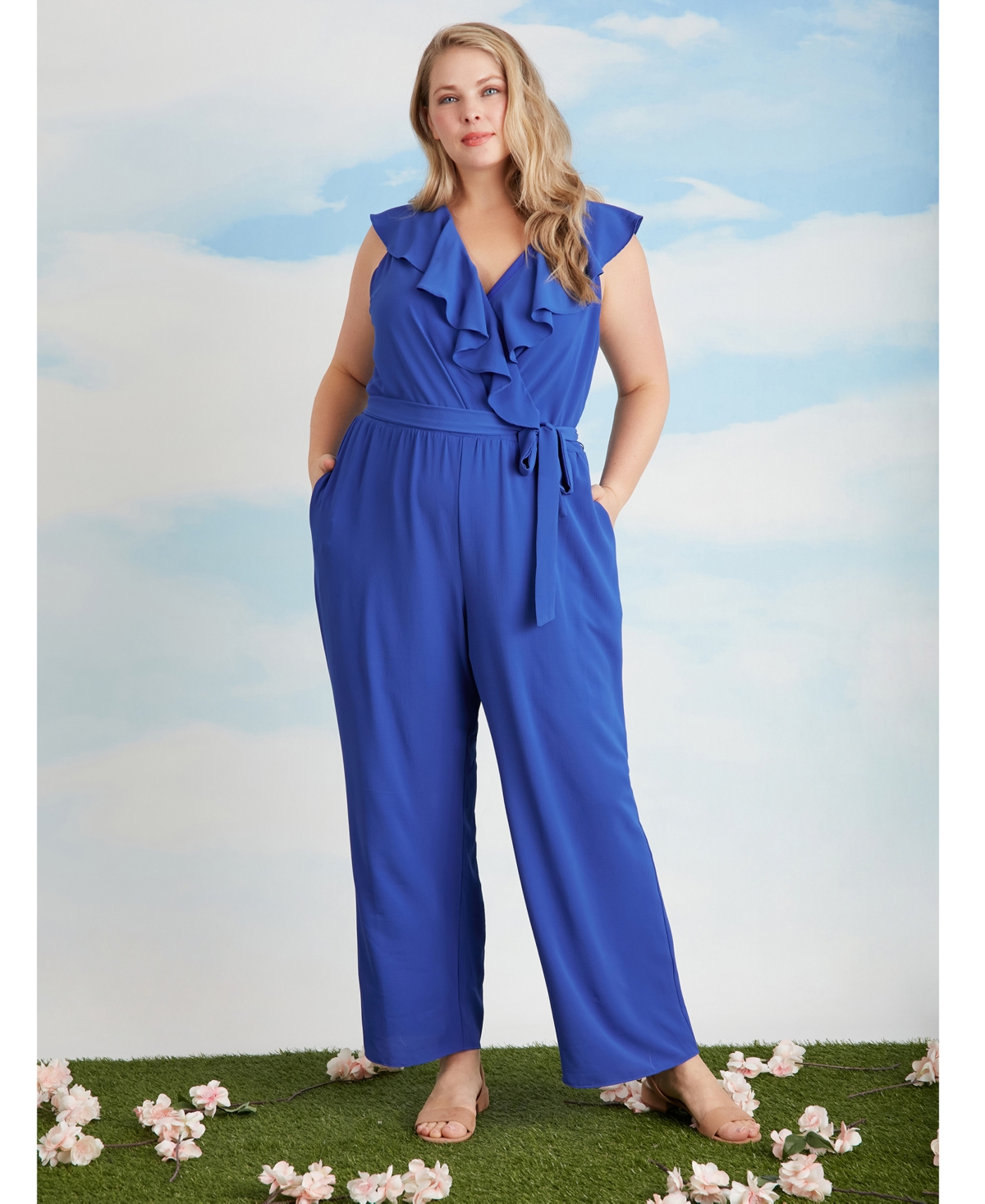 Shop London Times Plus Size Ruffled Sleeveless Jumpsuit In Blue