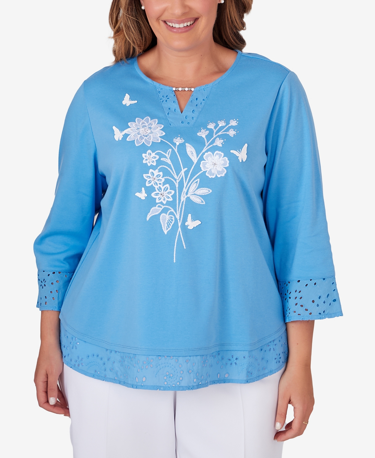 ALFRED DUNNER PLUS SIZE PARADISE ISLAND FLORAL EMBROIDERY TOP WITH EYELET DETAILS